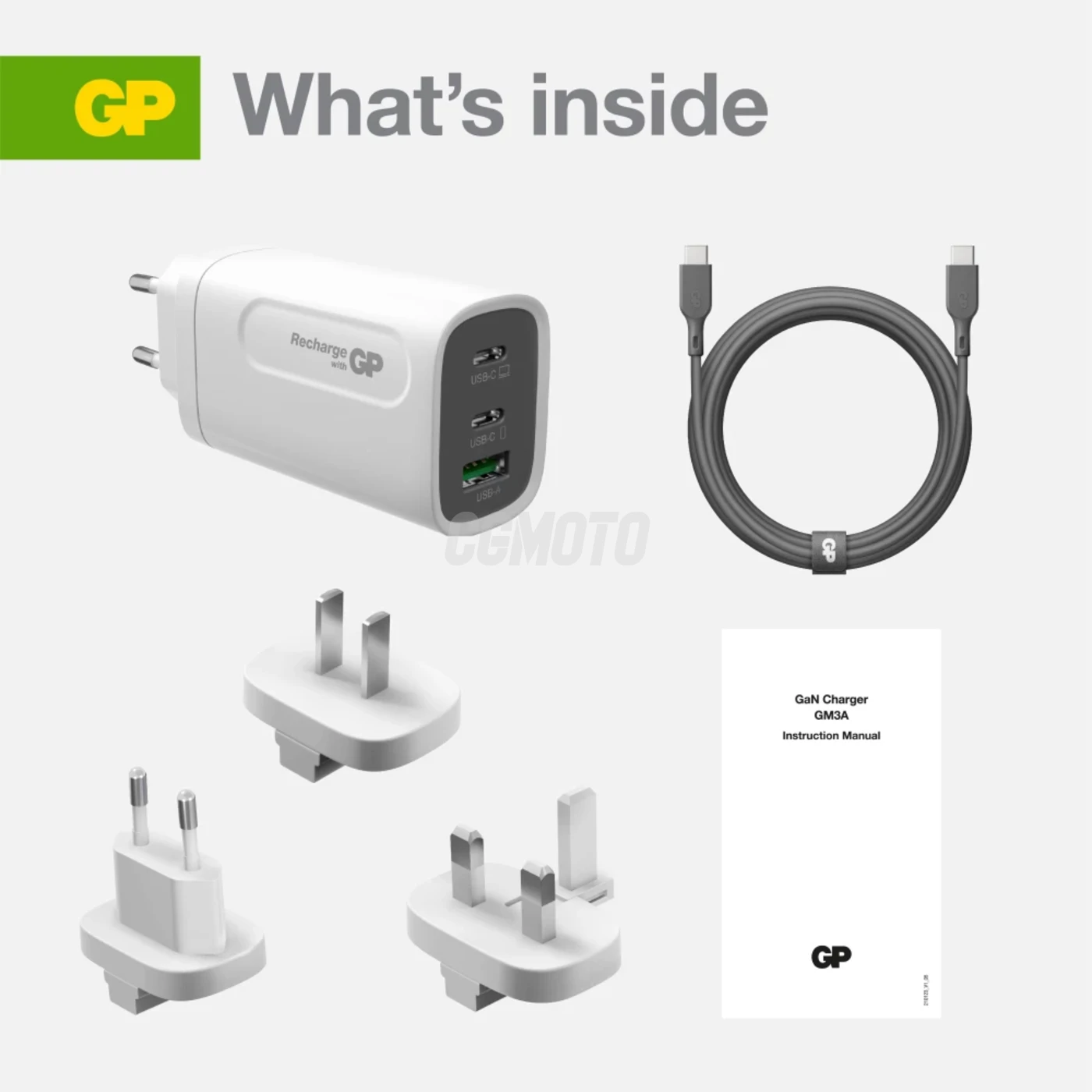 GaN Walladapter 2xUSB-C + 1xUSB-A 65W + câble USB-C 2m - 100W